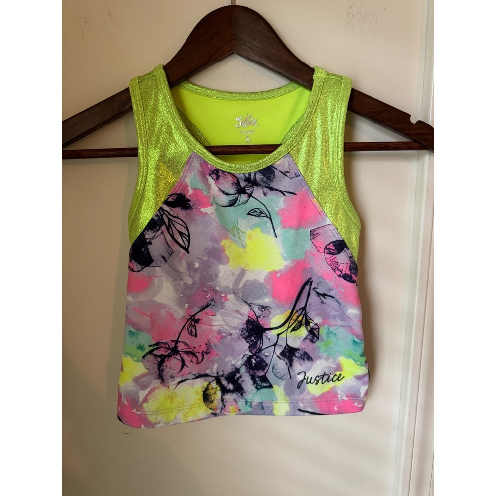 Justice Girls Lime Green Metallic Floral Racerback Active Tank Top Size S 7/8